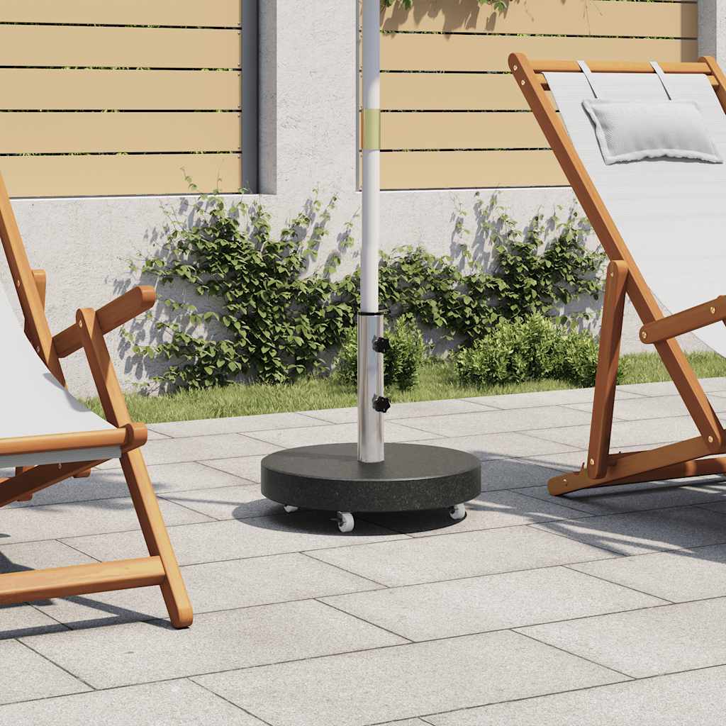 Round black granite parasol base with casters and locking bolts on a patio.