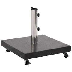 Black square granite parasol base, 66.1 lb, with wheels and stainless steel pole holder.