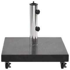 Black square granite parasol base with stainless steel tube and caster wheels for mobility