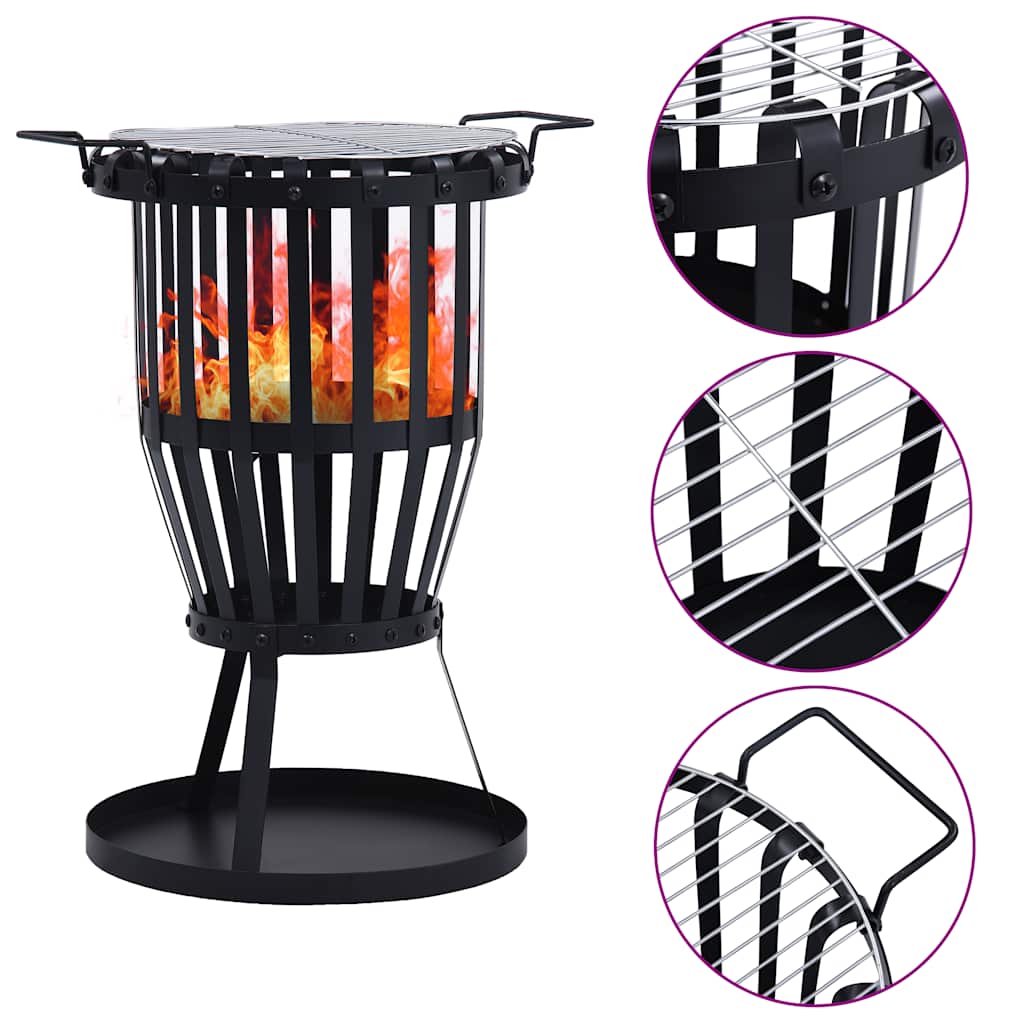 Black steel 2-in-1 garden fire pit basket with BBQ grill, featuring flames and mesh sides.