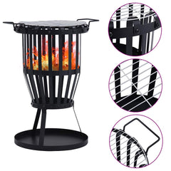 Black steel 2-in-1 garden fire pit basket with BBQ grill, featuring flames and mesh sides.
