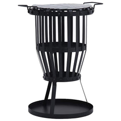 Black steel 2-in-1 garden fire pit basket with removable BBQ grill and handles.