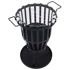 Black steel 2-in-1 garden fire pit basket with removable BBQ grill and handles.