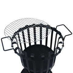Black steel fire pit basket with a round chrome-plated BBQ grill.