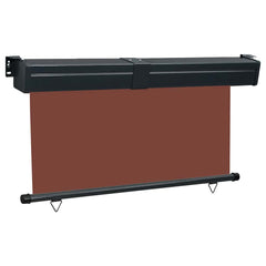 Brown balcony side awning with UV-resistant fabric, 57.1x98.4 inches, mounted on black frame.