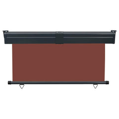 Brown balcony side awning with black aluminum roller and retractable UV-resistant fabric panel.