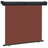 Brown Bostome balcony side awning with aluminum roller and adjustable steel cassette mount.