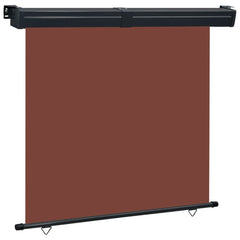 Brown Bostome balcony side awning with aluminum roller and adjustable steel cassette mount.