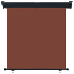 Brown Bostome balcony side awning, 65x98.4 inches, retracted in black frame.