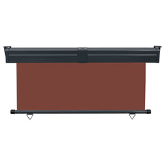 Brown balcony side awning with black aluminum roller and self-locking function, 65x98.4 inches.