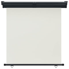 Cream balcony side awning with black aluminum roller and adjustable UV-resistant fabric panel.