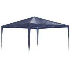 A blue 13.1x13.1 ft square party tent with peaked UV water-resistant canopy and metal frame.