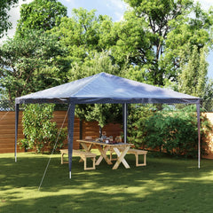 A blue 13.1x13.1 ft party tent with UV water-resistant canopy set up in a backyard over a wooden picnic table.
