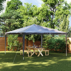 A 13.1x13.1 ft anthracite party tent with UV water-resistant canopy set up in a backyard over a picnic table.