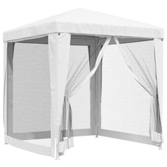 White 6.6x6.6-foot party tent with peaked roof and four mesh sidewalls.