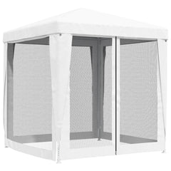 White 6.6x6.6-foot party tent with peaked roof and four mesh sidewalls.