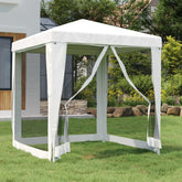 White 6.6x6.6-foot party tent with peaked roof and four mesh sidewalls on a lawn.