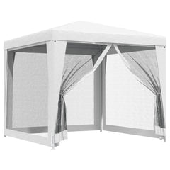 White 8.2x8.2' party tent with four mesh sidewalls and zipped entrance for outdoor use
