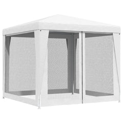 White 8.2x8.2-foot party tent with peaked roof and four mesh sidewalls.