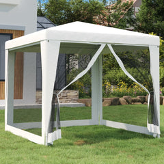 White 8.2x8.2-foot party tent with mesh sidewalls set up on green grass.