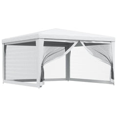 White 13.1x13.1 ft party tent with four mesh sidewalls and zippered entrance.