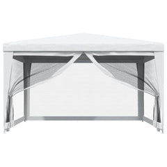 White 13.1x13.1 ft party tent with peaked roof and four mesh sidewalls.