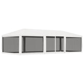 White party tent with four mesh sidewalls and zipped entrance, measuring 13.1 by 29.5 feet