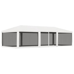 White party tent with four mesh sidewalls and zipped entrance, measuring 13.1 by 29.5 feet