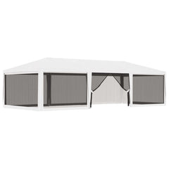 White party tent measuring 13.1'x29.5' with four mesh sidewalls.
