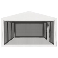White party tent with four mesh sidewalls and a zipped entrance, measuring 13.1 by 29.5 feet