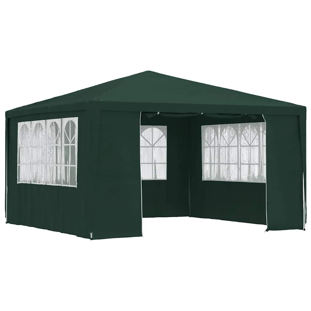 Green 13.1x13.1 ft party tent with zip-up sidewalls and decorative window panels.