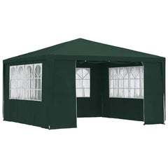 Green 13.1x13.1 ft party tent with zip-up sidewalls and decorative window panels.