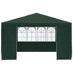 Green 13.1x13.1 ft party tent with zip-up sidewalls and window panels.
