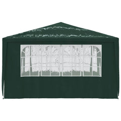 Green 13.1x13.1 ft party tent with zip-up sidewalls and decorative window panels.