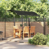 Anthracite steel gazebo sunshade awning with black canopy over wooden patio table and chairs.