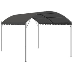 Anthracite steel gazebo with arched gray canopy, measuring 118.1 by 157.4 inches.