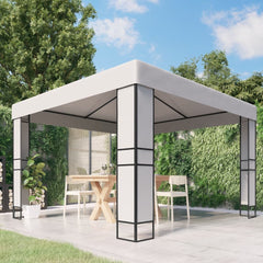 A white double-roof steel gazebo, 9.8x9.8 ft, in a backyard with table and chairs.