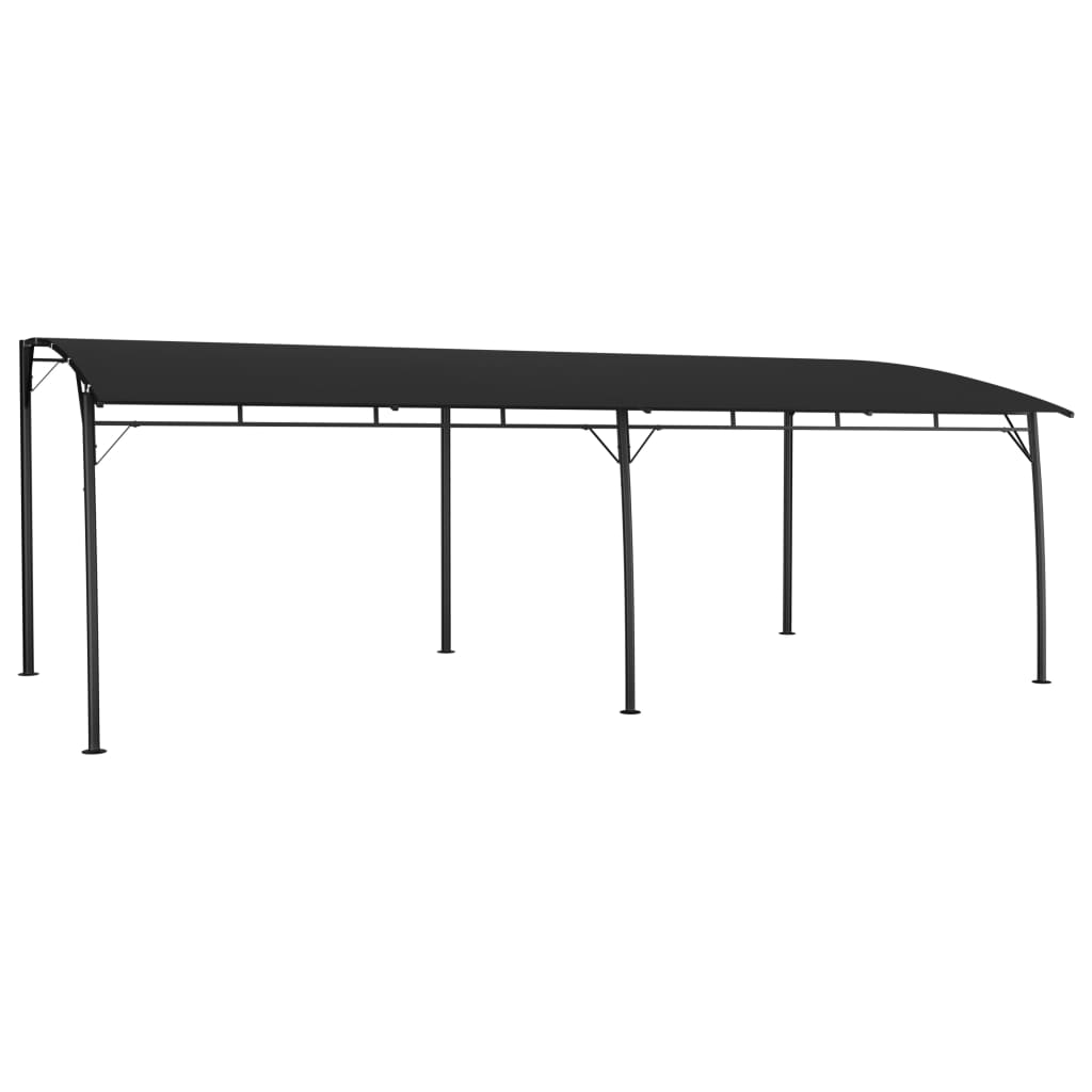 Large anthracite garden sunshade awning with steel frame and rectangular canopy.