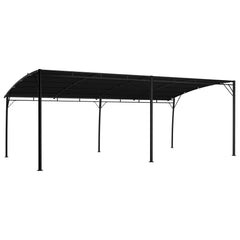 Large anthracite garden sunshade awning with steel frame and curved roof canopy.
