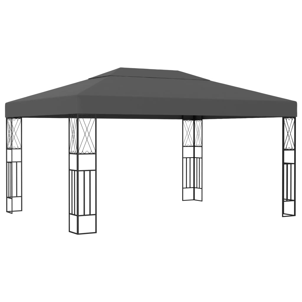 Anthracite steel frame gazebo measuring 9.8 by 13.1 feet with a vented black canopy and decorative supports.