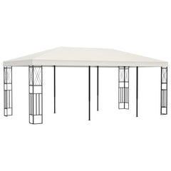 Cream polyester roof on steel frame gazebo, 9.8'x19.6', with decorative posts.