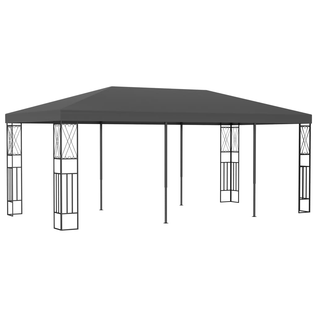Anthracite steel frame gazebo with a large rectangular gray canopy and decorative cross braces