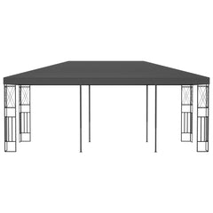 Anthracite steel frame gazebo measuring 9.8 feet by 19.6 feet with a flat black roof.