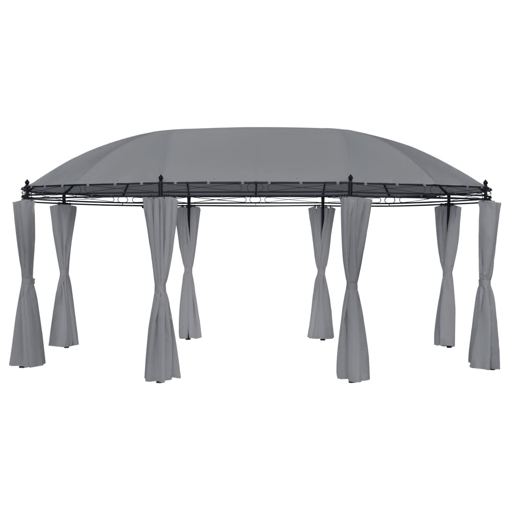 Anthracite steel gazebo with eight tied curtains and a large gray polyester roof.