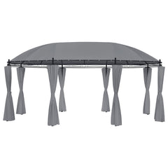 Anthracite steel gazebo with eight tied curtains and a large gray polyester roof.
