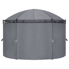 Anthracite gazebo with curved roof, metal frame, and four removable gray curtains.