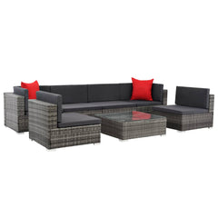 Sofa Set Grey rattan, Dark grey cushion, Red pillow