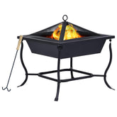 Black powder-coated steel fire pit with burning logs, spark screen, and wooden poker on sturdy legs.