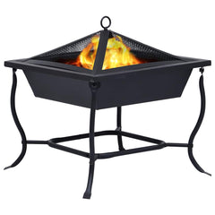 Black powder-coated steel fire pit with spark guard and poker, 16.5x16.5x17.7 inches tall