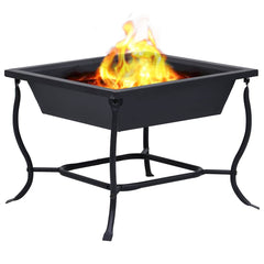 Black powder-coated steel fire pit with burning flames, square bowl, and sturdy legs.